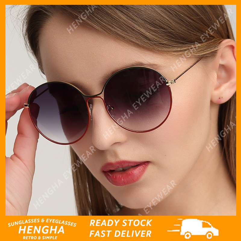 (HENGHA) แว่นตากันแดด กรอบโลหะ ทรงกลม ป้องกันแสงสีฟ้า แฟชั่นเกาหลี วินเทจ