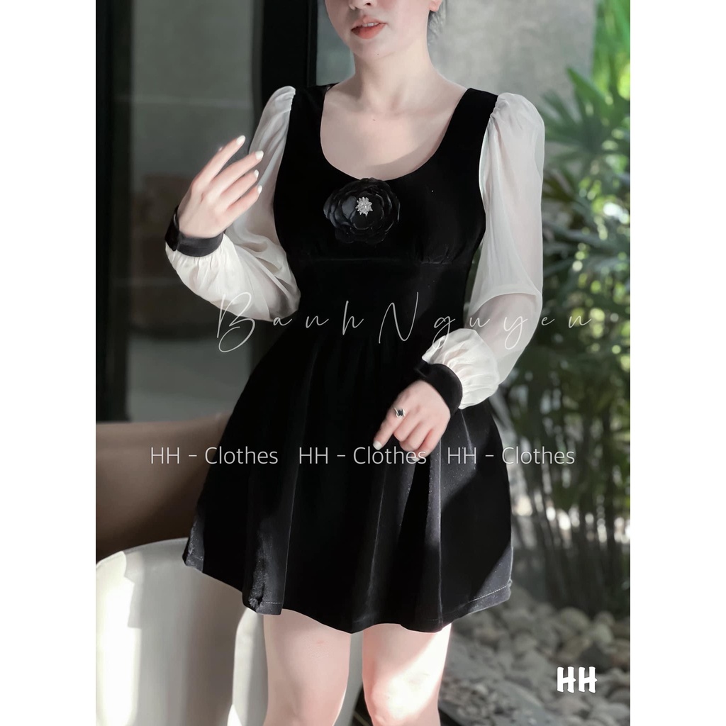 เดรสกํามะหยี่แขนชีฟอง อกโบว์ - ง21034