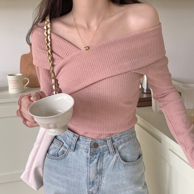 Suxi เสื้อแขนยาว เปิดไหล่ข้างเดียว ผ้าถัก สีพื้น เรียบง่าย แฟชั่นฤดูใบไม้ผลิ - รูปที่ 4