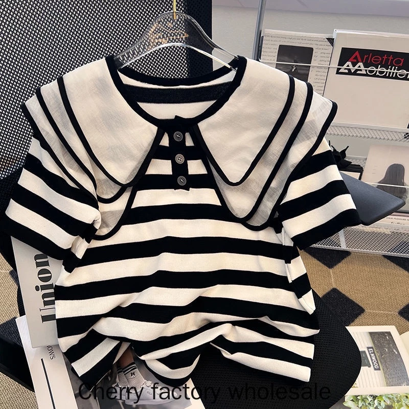 เสื้อเชิ้ตแขนสั้น คอตุ๊กตา ผ้าตาข่าย ทรงหลวม สองชั้น สไตล์เกาหลี แฟชั่นสําหรับผู้หญิงสาวอ้วน
