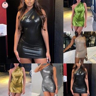 Pu Leather Strapless Sleeveless Dress Draped Prom Dress Sexy Slim fit Bodycon