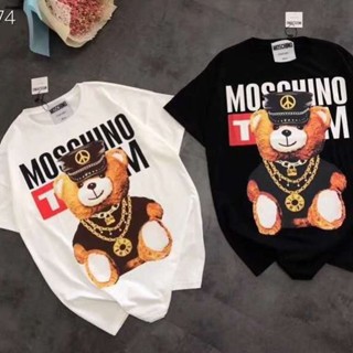 Moschino tag label gold chain bear print cotton T-shirt for men and women_07