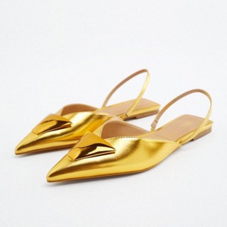 Zara รองเท้าแตะ ส้นแบน หัวแหลม ปากตื้น แต่งสายรัดข้อเท้า สีทอง แฟชั่นฤดูร้อน สําหรับผู้หญิง 2022