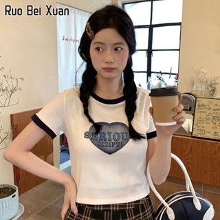 RUO BEI XAUN เสื้อยืดคอกลมแขนสั้นพิมพ์ลายผู้หญิง