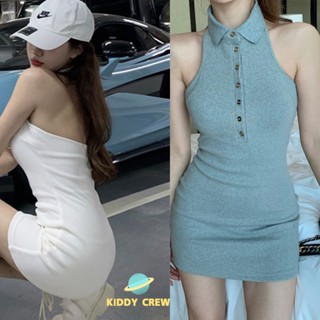 เดรสทรงสั้น แขนกุดรัดรูป  มินิเดรสแขนกุดสีพื้น มินิมอลสไตล์ ผ้าฝ้ายผสม