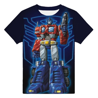 เสื้อยืดแขนสั้น คอกลม พิมพ์ลาย Bumblebee and Optimus Prime 3 มิติ สําหรับเด็กนักเรียน