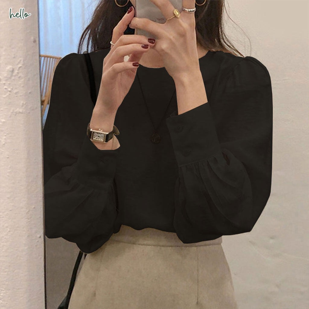 Hello - เสื้อเบลาส์ แขนยาว คอกลม กระดุมหลัง [134]