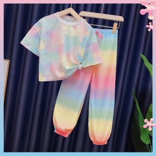 Girls rainbow pants suit 2022 new summer clothes thin tie-dyed t loose all-match medium and large children girls two-piece suit