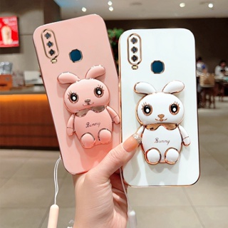 เคสโทรศัพท์มือถือชุบไฟฟ้า ลายกระต่ายน่ารัก 360 องศา พร้อมสายคล้อง และตัวยึดวาง สําหรับ Vivo Y17 Y15 Y12 Y12i Y11 2019 1901 1902 1904 1940 1906