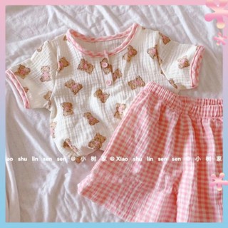 Childrens summer childrens clothing mens and womens babys cotton home clothes set floral plaid short-sleeved shorts pajamas two-piece set