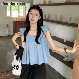 RUO BEI XUAN เสื้อเชิ้ตสตรี 2023 ฤดูร้อนใหม่สไตล์เกาหลีเสื้อเชิ้ตทรงสลิมฟิต