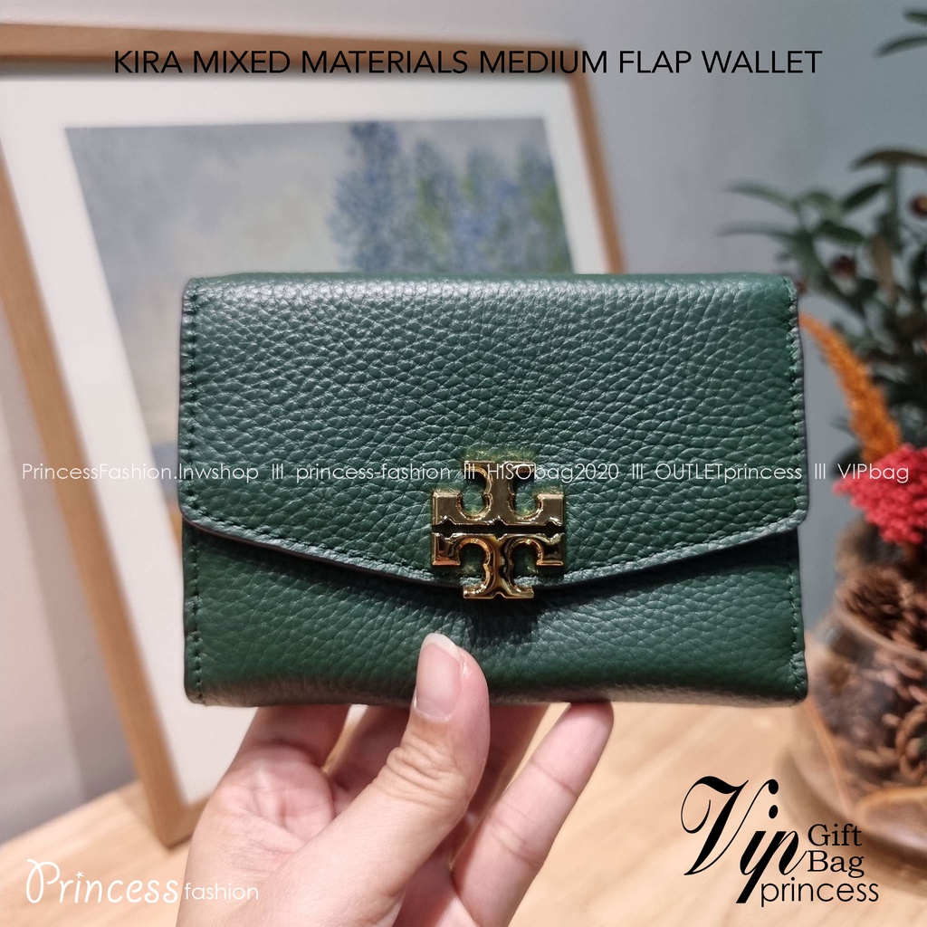 TORY BURCH KIRA MIXED MATERIALS MEDIUM FLAP WALLET กระเป๋าสตางค์ใบกลาง รุ่นยอดนิยม ดูหรูหรา ดูแพง ดี