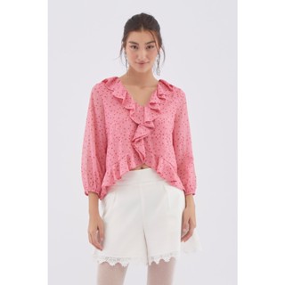 EP เสื้อเบลาส์ผ้าชีฟองแต่งระบาย ผู้หญิง สีชมพู | Dot Print Ruffle Blouse | 4673