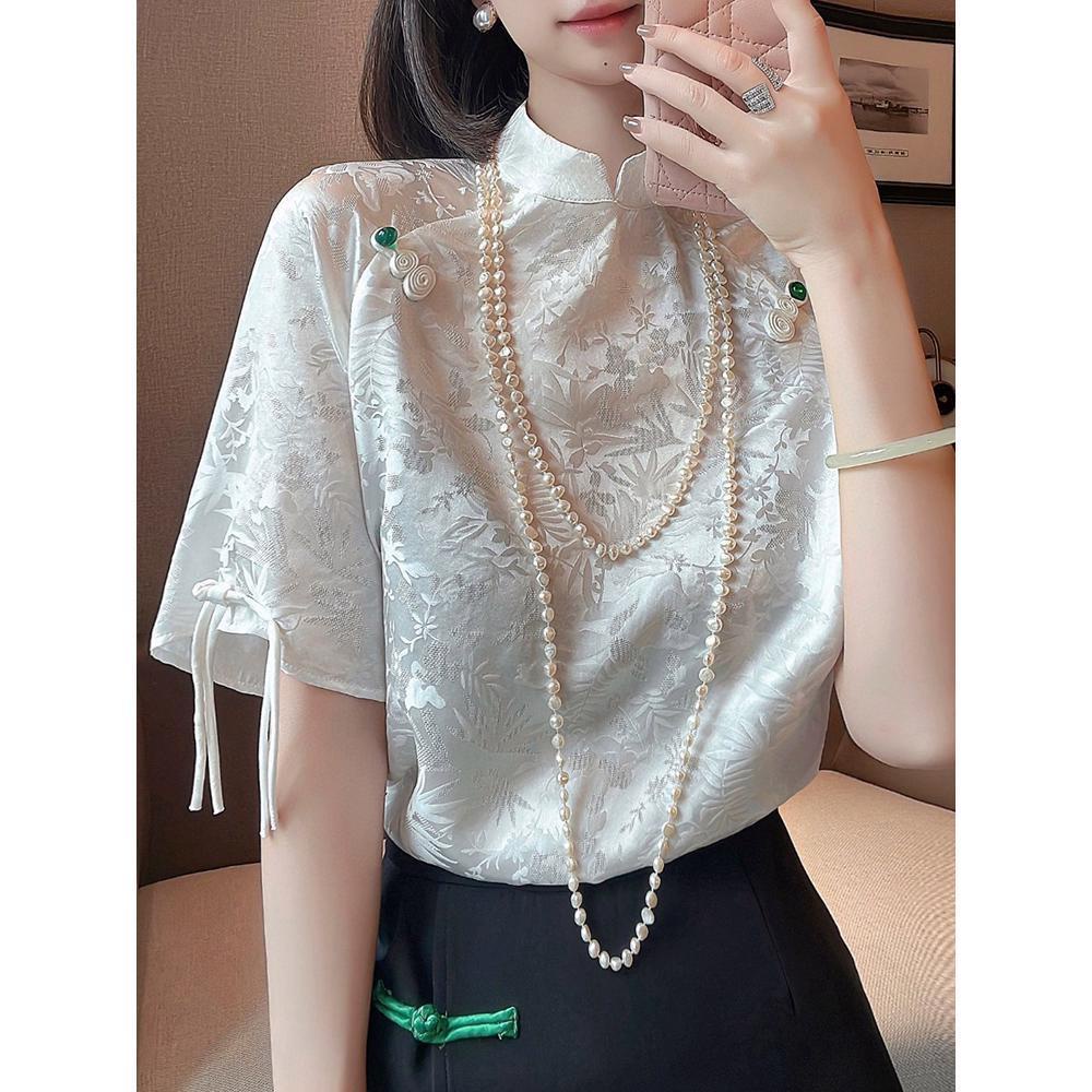 เสื้อเชิ้ตแขนสั้น ผ้าเรยอนเทียม พิมพ์ลาย สไตล์จีน สําหรับผู้หญิง