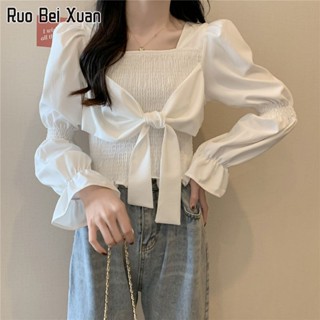 RUO BEI XUAN เสื้อเชิ้ตผู้หญิง 2023 ใหม่สไตล์เกาหลีแฟชั่นสลิมสลิมโบว์โบว์เสื้อแขนยาวด้านบน