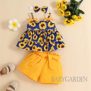 Babygarden-3-24 เดือน ชุดเสื้อผ้าเด็กผู้หญิง, เสื้อกล้ามสลิง พิมพ์ลายดอกทานตะวัน แต่งระบาย + กางเกงขาสั้น สีพื้น + ที่คาดผม