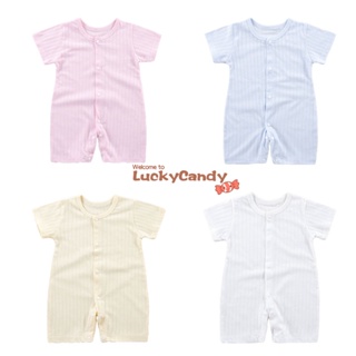 Luckycandy ชุดจั๊มสูทรอมเปอร์ แขนสั้น ผ้าฝ้าย สีพื้น สําหรับเด็กทารกแรกเกิด 0-18 เดือน