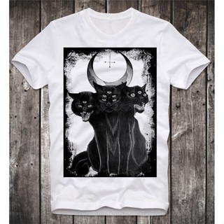 เสื้อยืดลําลอง แขนสั้น ระบายอากาศ พิมพ์ลาย THREE HEADED CAT SATAN SATANISMUS ANTON LAVEY CHURCH OF GOTHIC สไตล์คลาส_01