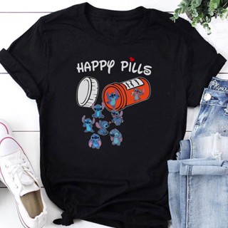 oversize T-shirt Happy Pills เสื้อเชิ้ต ลายดิสนีย์ Stitch สุดฮา ของขวัญ สําหรับวันหยุด S-5XL