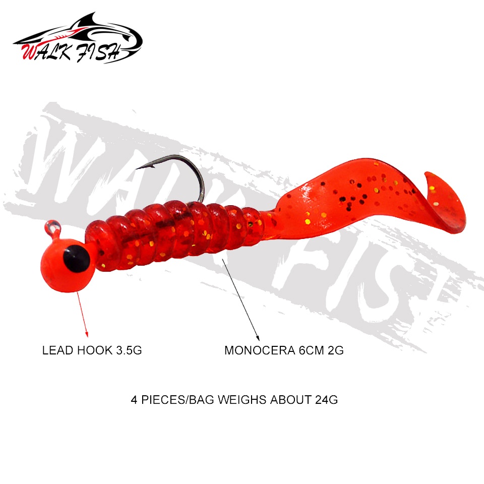 Walk FISH เหยื่อตกปลาซิลิกา รูปหนอน หางนิ่ม 6 ซม. 3.5 กรัม 4 ชิ้น — صورة 2