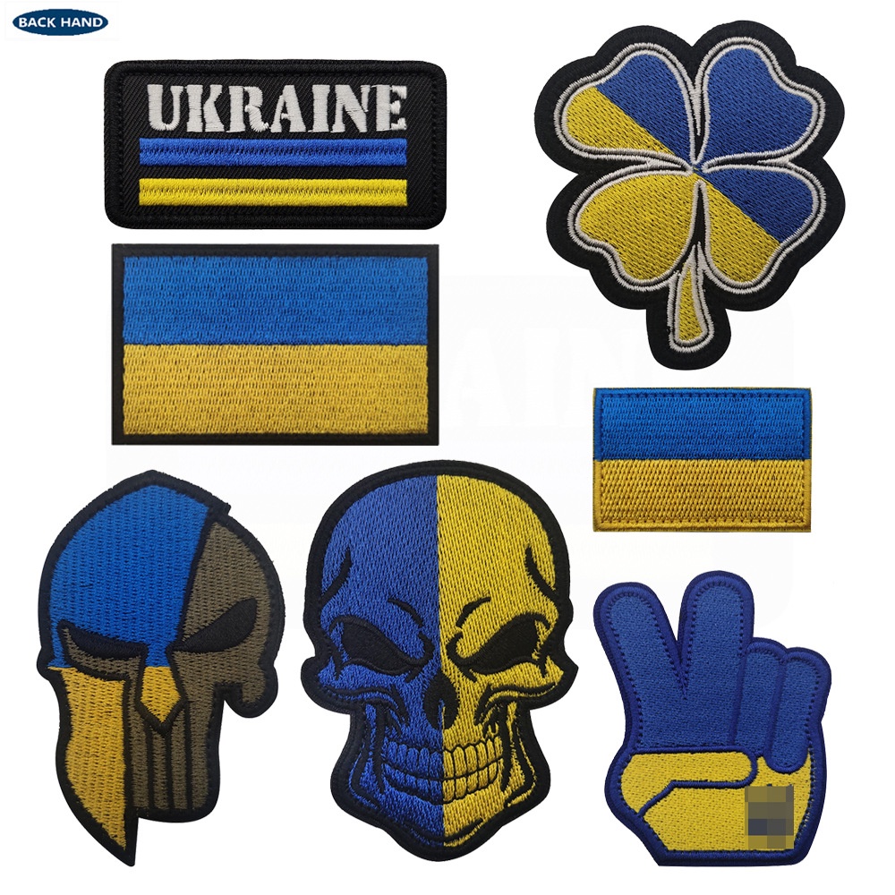 ที่กําหนดเอง Blue และสีเหลือง UKRAINE Uguro clover Skull Skull 3D เย็บปักถักร้อย Velcro Patch /Badge