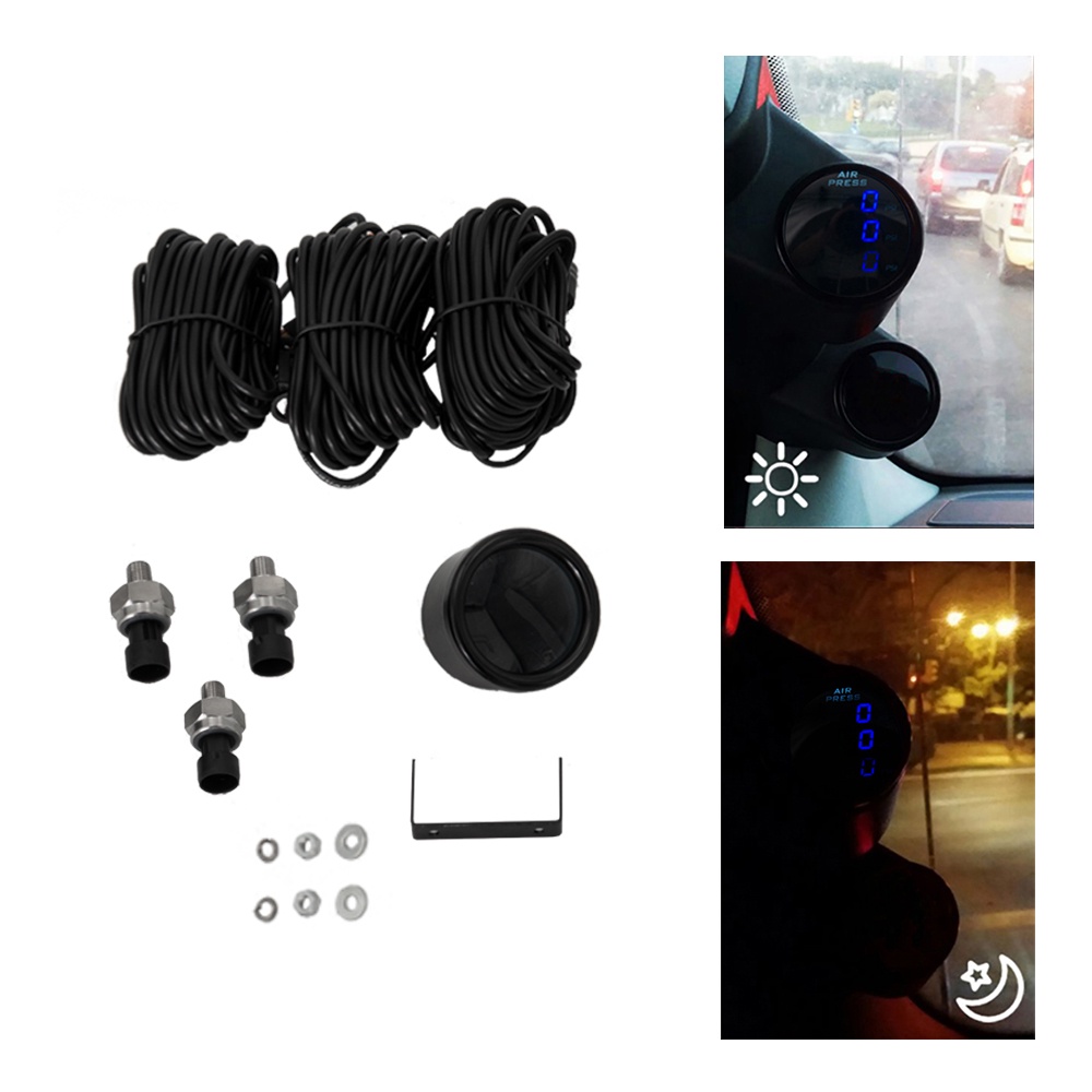 52 มม.สามจอแสดงผลเครื่องวัดความดันอากาศ PSI ระบบกันสะเทือนสีแดงและสีฟ้า LED พร้อมเซ็นเซอร์ไฟฟ้า 1/8NPT 3 ชิ้น