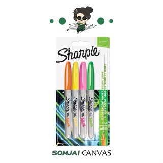 Sharpie (ชาร์ปี้) Marker Fine แพ็ค 4 ด้าม สีนีออน ปากกามาร์คเกอร์ Permanent Marker ปากกากันน้ำ ปากกาเขียนแผ่นพลาสติก