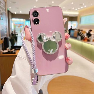 เคส OPPO Reno 8T A78 A17 A57 A77 5G A54 A17 A16 A15 A15s เคสโทรศัพท์มือถือ ลายการ์ตูนมิกกี้เมาส์ พร้อมสายคล้อง และกระจกแต่งหน้า สําหรับ