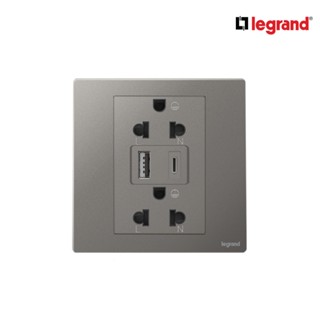 Legrand เต้ารับคู่มีกราวด์+USB Type A+Cสีเทาดำ 1G EURO-US 16A Socket With USB Charger|Mallia Senses|Dark Silver|281204DS