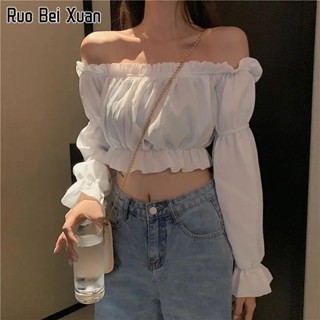 RUO BEI XUAN เสื้อเชิ้ตผู้หญิง 2023 ใหม่ เสื้อเชิ้ตแขนยาวเปิดไหล่ข้างเดียว