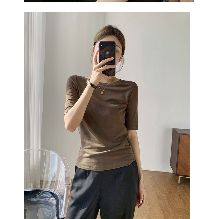 เสื้อยืด แขนห้าส่วน คอเดียว แบบบาง แฟชั่นฤดูใบไม้ผลิ และฤดูร้อน สําหรับผู้หญิง