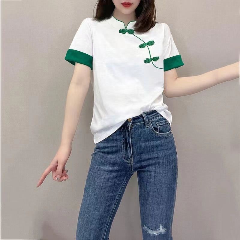 Nse ins เสื้อยืดแขนสั้น คอกี่เพ้า แต่งกระดุม สไตล์จีน สีตัดกัน แฟชั่นสําหรับผู้หญิง 2.10