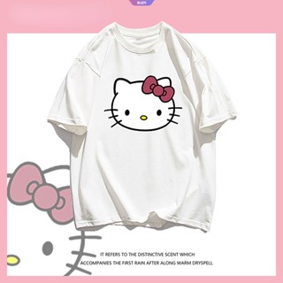 เสื้อยืดแขนสั้นลําลอง คอกลม ผ้าฝ้าย พิมพ์ลายการ์ตูนอนิเมะ Sanrio Hello Kitty ทรงหลวม สไตล์ญี่ปุ่น แฟชั่นฤดูร้อน สําหรับเด็กผู้หญิง [RAIN]