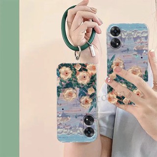 เคสโทรศัพท์มือถือ TPU ลายภาพวาดสีน้ํามัน รูปดอกไม้ พร้อมสายรัดข้อมือ ทรงกลม สําหรับ OPPO Reno 8T 5G Reno8 T 4G Reno8T