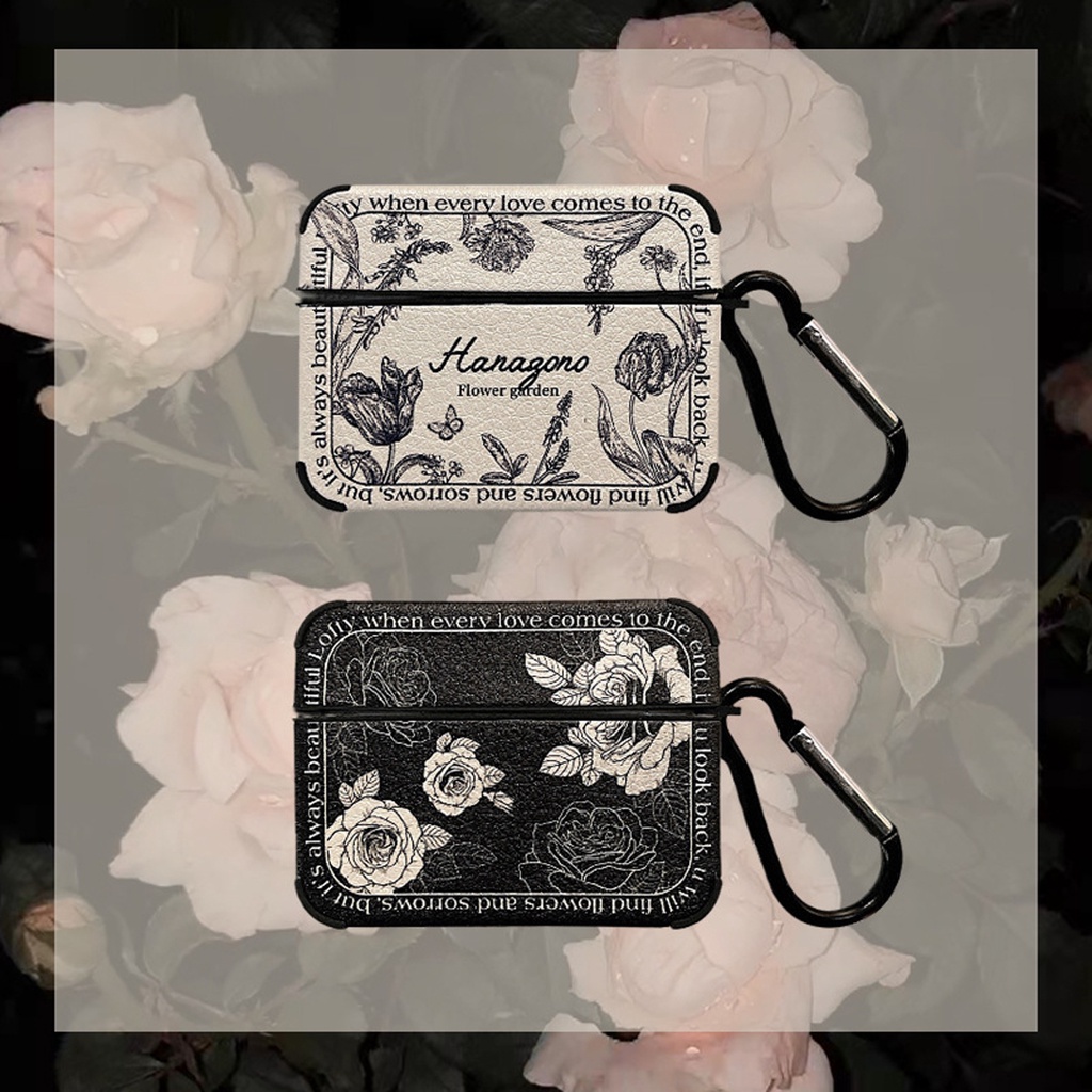 MANGO เข้ากันได้สําหรับ AirPods 1 2 3 Pro 3 2 กรณีปลอก Gen 2 3 2nd 3rd กันกระแทก Retro Rose ดอกไม้นุ่มสีดําและสีขาวพร้อมตะขอคาราบิเนอร์