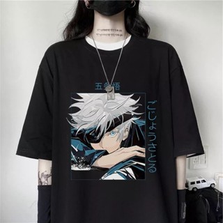 ย้อนยุคเสื้อยืดแขนสั้นลําลอง แบบนิ่ม พิมพ์ลายอนิเมะ Jujutsu Kaisen Gojo Satoru ทรงหลวม สําหรับผู้หญิง และผู้ชายS-5XL