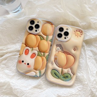 เคสโทรศัพท์มือถือ กันกระแทก ลายดอกทิวลิป กระต่าย 3D สําหรับ Apple IPhone 14 Pro MAX 13 Pro MAX 12 Pro MAX 11 Pro MAX 14 PLUS X XR XS MAX