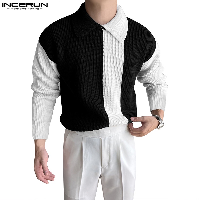Incerun เสื้อกันหนาวลําลอง แขนยาว ผ้าถัก คอปก สีคมชัด