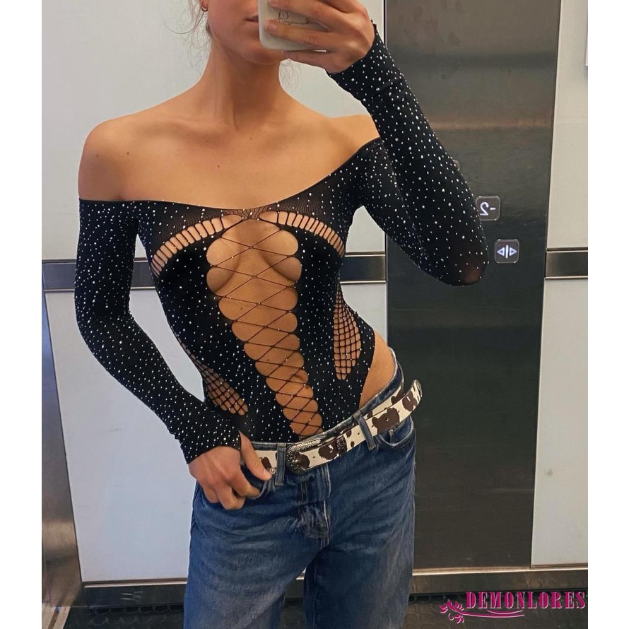 Demonlores-womens Off Shoulder Bodysuit Rhinestone เงาแขนยาว Hollow Out Slim Fit Leotard Tops