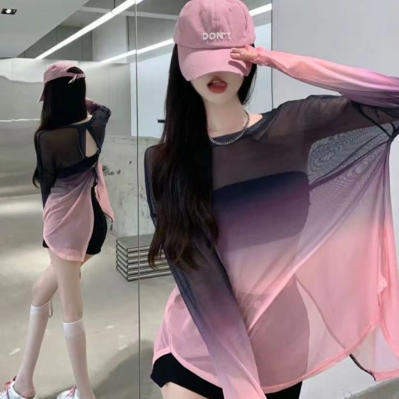 เสื้อยืด ผ้าเรยอน แบบบาง แต่งไล่โทนสี ป้องกันแดด สําหรับผู้หญิง