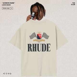 RHUDE plaid flag letter logo printing American high street tide brand mens and womens casual short-sleeved T-shir_05