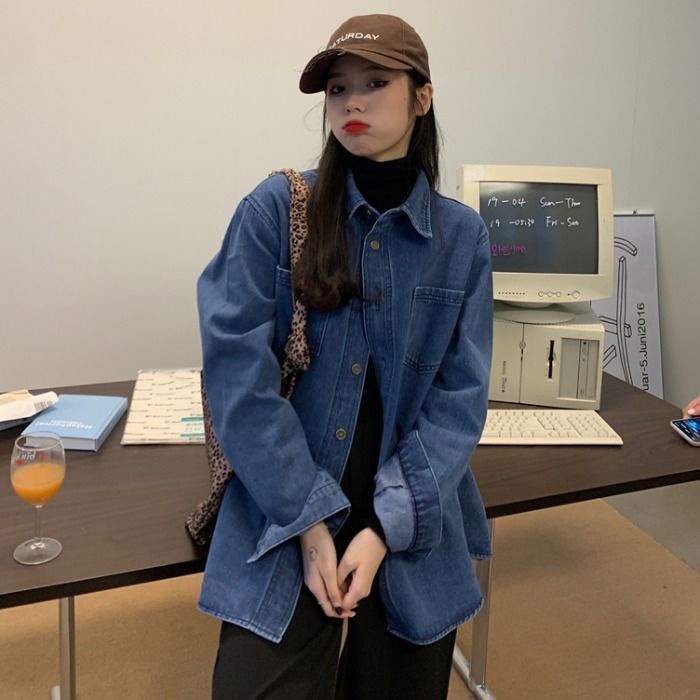 [พร้อมส่ง] เสื้อเชิ้ตแขนยาว ผ้ายีน สีน้ําเงินเข้ม เข้ากับทุกการแต่งกาย สไตล์เกาหลีเรโทร