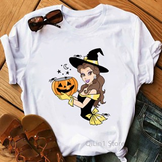 Funny Snow White Mermaid Elsa Belle Princess With Witch Hat Halloween T Shirt Womens T-shirt Female Girl Clothes G_03