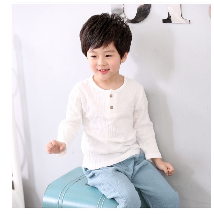 พร้อมสต็อก 80-130ซม เด็กที่เรียบง่ายผ้าฝ้ายผ้าลินินแขนสั้นเสื้อยืดกลางเด็กเล็กสีทึบปุ่มสไตล์ชาติพันธุ์แขนยาวด้านบน