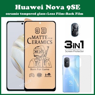 (3 In 1) Huawei Nova Y90 Y61 9 10 SE กระจกนิรภัยกันรอยหน้าจอ + ฟิล์มกล้อง + ฟิล์มด้านหลัง สําหรับ Huawei Nova 10 SE ฟิล์มเซรามิกฝ้า ฟิล์มนิ่ม