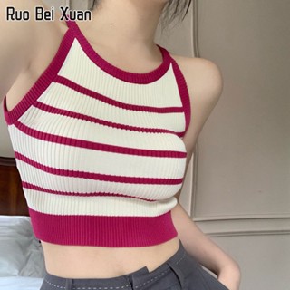 RUO BEI XAUN เสื้อกั๊กถักสตรี 2023 ใหม่เซ็กซี่สลิมลายทางตัดด้านบน