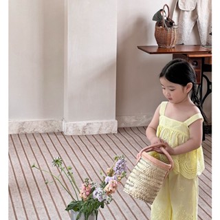 สินค้าใหม่~ ชุดเอี๊ยมกางเกงขากว้าง ความยาวข้อเท้า แต่งลูกไม้ สีเหลืองมะนาว สไตล์เกาหลี สําหรับเด็กผู้หญิง