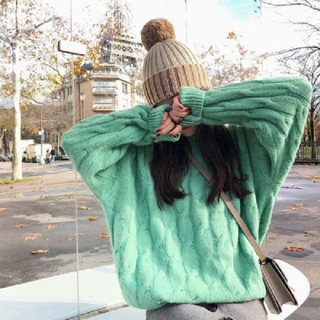 ผู้หญิงเกาหลีใหม่หลวมถักเสื้อกันหนาวลูกอมสีบิดถักเสื้อกันหนาวคอกลม