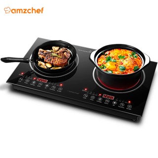 Amzchef เตาแม่เหล็กไฟฟ้าเซรามิค อินฟราเรด 2 เตา 2200W +2200W ควบคุมแบบสัมผัส ป้องกันความร้อนสูงเกิน สําหรับหม้อหุงข้าว