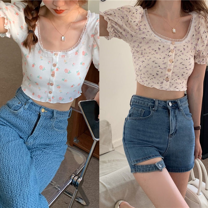 New เสื้อครอปแขนสั้น คอเหลี่ยม ลายดอกไม้หลากสี ครอปแฟชั่นราคาถูก